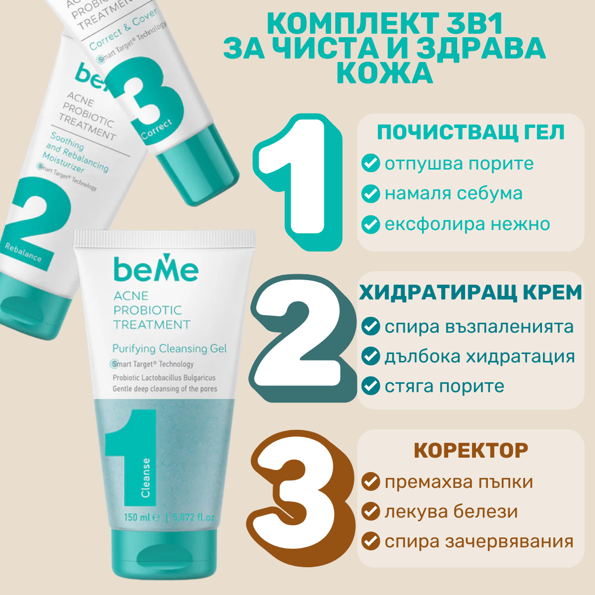beMe Вътрешна и външна грижа за чиста кожа – DermaBalance + 3в1 рутина