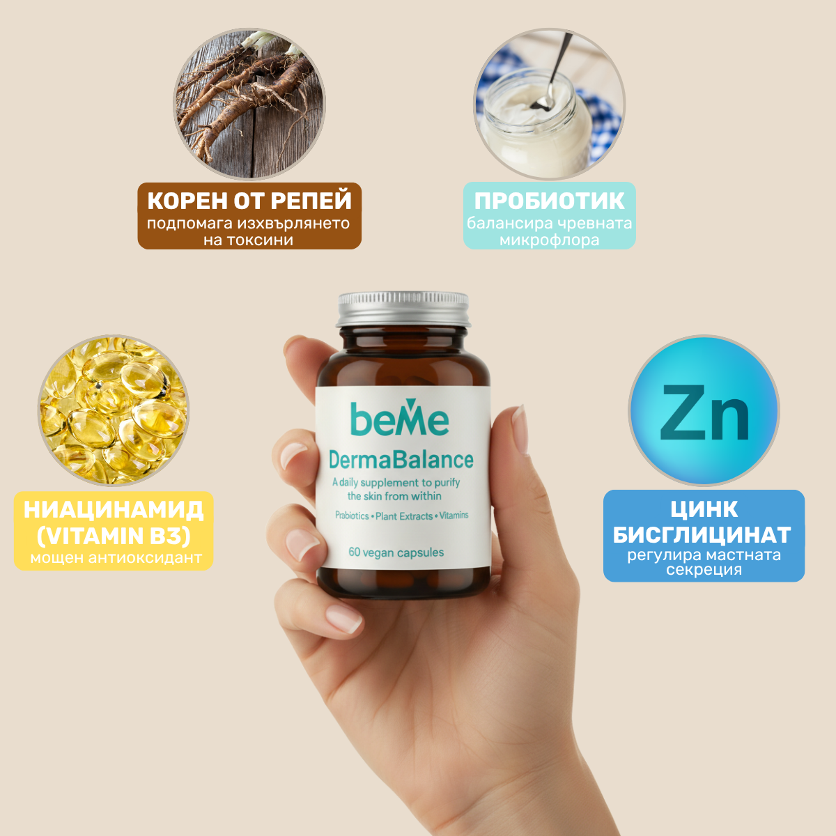 beMe DermaBalance – Хранителна добавка за чиста и здрава кожа с пробиотици